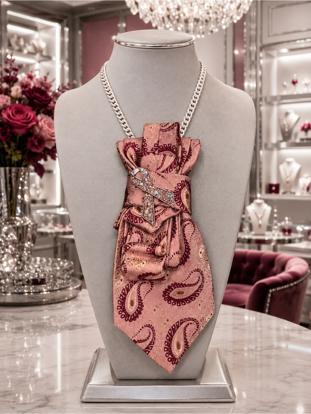 Breast Cancer Awareness Tie Necklace Pink Ribbon Handcrafted Wearable Art